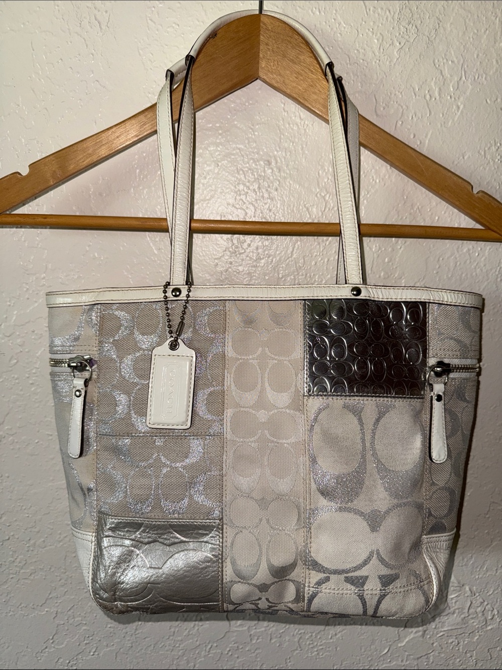 Vintage Coach Patchwork Tote 2008 Cream Silver Zip Top Style 13498 Y2K